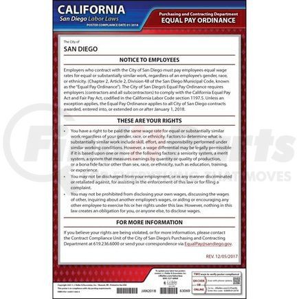 63069 by JJ KELLER - California / San Diego Equal Pay Ordinance Poster - Laminated Poster