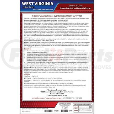 63149 by JJ KELLER - West Virginia Nurses Overtime and Patient Safety Act Poster - Laminated Poster
