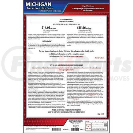 63075 by JJ KELLER - Michigan / Ann Arbor Municipal Code Poster - Laminated Poster