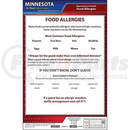 63076 by JJ KELLER - Minnesota / St. Paul Food Allergy In Restaurants Poster - Laminated Poster