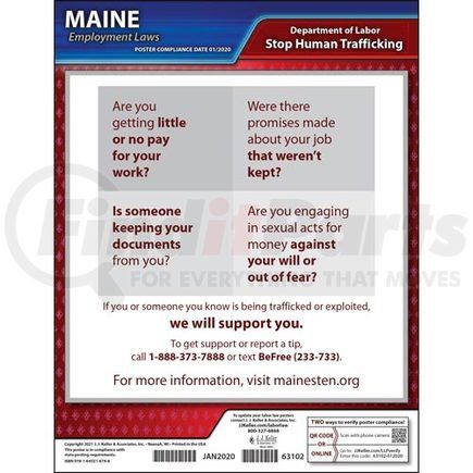 63102 by JJ KELLER - Maine Human Trafficking Poster - Laminated Poster