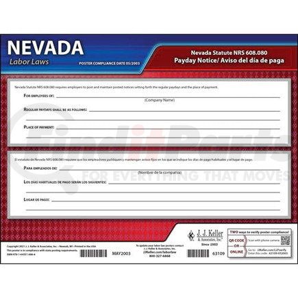 63109 by JJ KELLER - Nevada Payday Notice Poster - Laminated Poster