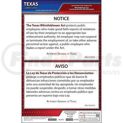 63136 by JJ KELLER - Texas Whistleblower Poster - Laminated Poster