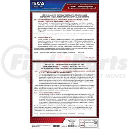 63139 by JJ KELLER - Texas Notice 9 Work-Related Communicable Diseases & Eligibility for Workers' Compensation Benefits Poster - Laminated Poster
