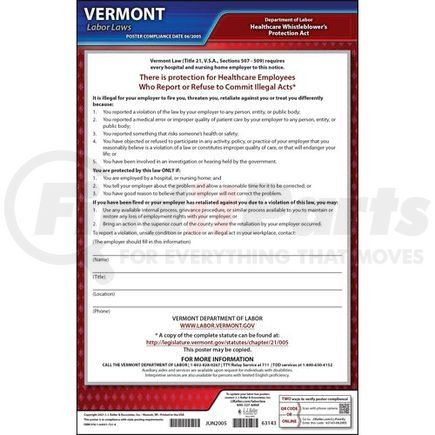 63143 by JJ KELLER - Vermont Healthcare Whistleblower's Protection Act Poster - Laminated Poster