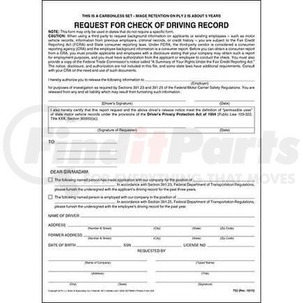 732 by JJ KELLER - Request For Check of Driving Record - Snap-Out Format - 2-Ply, Carbonless, 8-1/2" x 11"