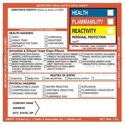 6577 by JJ KELLER - Original HMIS Hazard Summary Label - 4" x 4"