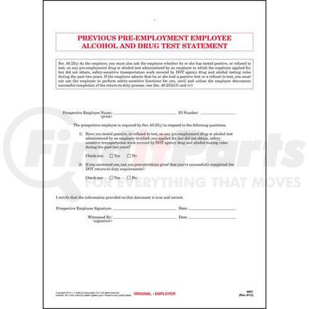 6801 by JJ KELLER - Previous Pre-Employment Employee Alcohol & Drug Test Statement - Snap-Out Format - Snap-out format, carbonless, 8-1/2" x 11-3/4"