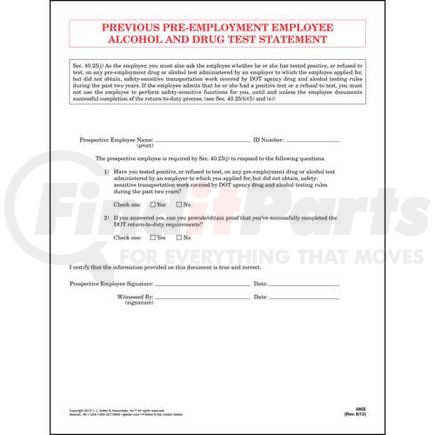 6802 by JJ KELLER - Previous Pre-Employment Employee Alcohol & Drug Test Statement - Padded Format - Padded format, 8-1/2" x 11"