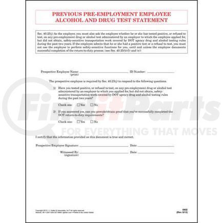 JJ Keller 6802 Previous Pre-Employment Employee Alcohol & Drug Test Statement - Padded Format - Padded format, 8-1/2" x 11"