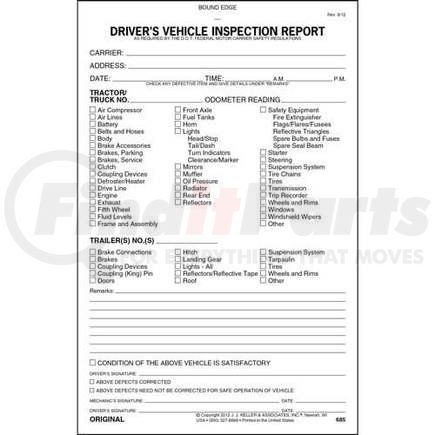 685 by JJ KELLER - Detailed Driver's Vehicle Inspection Report, 2-Ply, w/Carbon - Stock - Book format, carbon, 5-1/2" x 8-1/2"