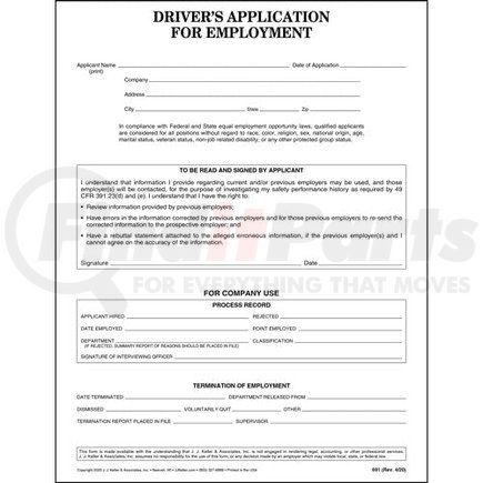691 by JJ KELLER - Driver's Application for Employment - ADA-Compliant - Single-Ply, 17" x 11"