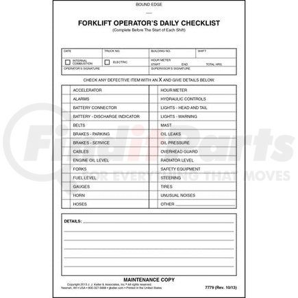 7779 by JJ KELLER - Forklift Operator Daily Checklist - Book Format, Carbonless - 2-ply, carbonless, book format