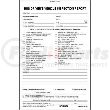 902 by JJ KELLER - Bus Driver's Vehicle Inspection Report, 2-Ply, w/Carbon - Stock - 2-ply, with carbon, book format
