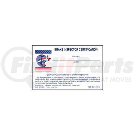 925 by JJ KELLER - Brake Inspector Wallet Card - 3-1/2" x 2-1/2"