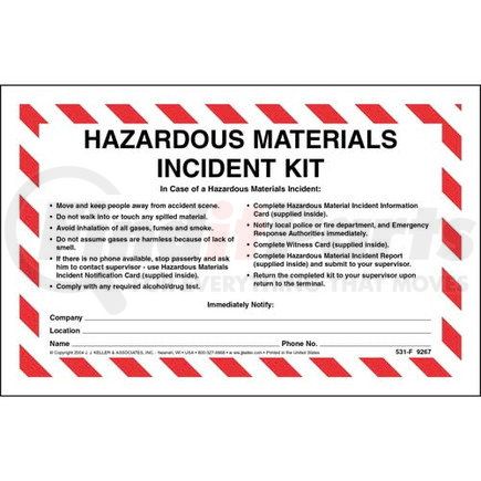 9267 by JJ KELLER - Hazardous Materials Incident Kit in Envelope - No Camera - Without camera