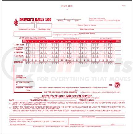 8541 by JJ KELLER - 2-In-1 Driver's Daily Log Book w/Simplified DVIR, 2-Ply, w/Carbon, No Recap - Stock - Stock Log