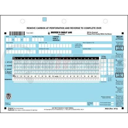 8602 by JJ KELLER - Scannable Driver's Daily Log, 2-Ply, w/Carbon, w/Recap, Loose-Leaf Format - Stock - Stock Log