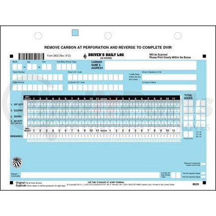 8603 by JJ KELLER - Scannable Driver's Daily Log, 2-Ply, w/Carbon, No Recap, Loose-Leaf Format - Stock - Stock Log