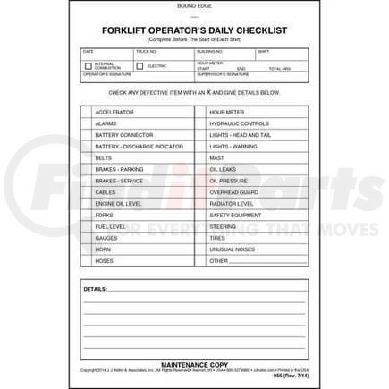 955 by JJ KELLER - Forklift Operator Daily Checklist - Book Format w/ Carbon - 2-ply, with carbon, book format