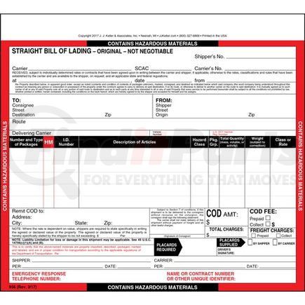 956 by JJ KELLER - Hazardous Materials Straight Bill of Lading - 3-ply, carbonless, snap-out, 8.5" x 7.75" (0.75" top tear-off), 5 lines