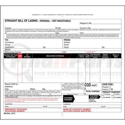 968 by JJ KELLER - Straight Bill of Lading Form - 4-ply, carbonless, snap-out, 8.5" x 7.75" (0.75" top tear-off)