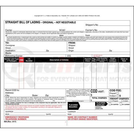 JJ Keller 968 Straight Bill of Lading Form - 4-ply, carbonless, snap-out, 8.5" x 7.75" (0.75" top tear-off)