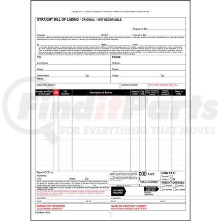 970 by JJ KELLER - Straight Bill of Lading Form - 4-ply, carbonless, snap-out, 8.5" x 11.75" (0.75" top tear-off)