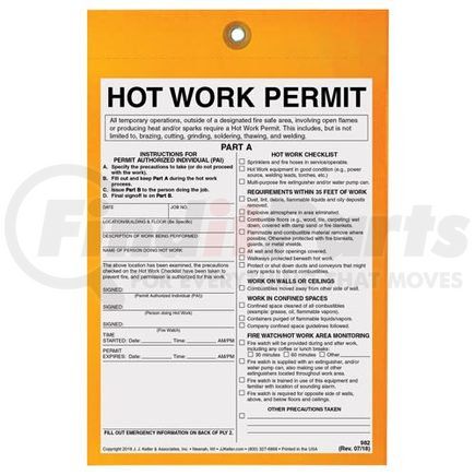 982 by JJ KELLER - Hot Work Permit Tag - 6" x 9" Permit Tag