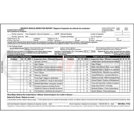 989 by JJ KELLER - Canadian Driver's Vehicle Inspection Report, Bilingual - Stock - 2-Ply, With Carbon, 5-1/2" x 8-1/2"