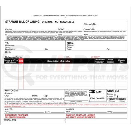 991 by JJ KELLER - Straight Bill of Lading - Universal Form - 3-ply, carbonless, snap-out, 8.5" x 7.75" (0.75" top tear-off)