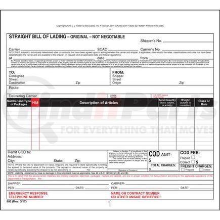 992 by JJ KELLER - Straight Bill of Lading - Universal Form - 4-ply, carbonless, snap-out, 8.5" x 7.75" (0.75" top tear-off)