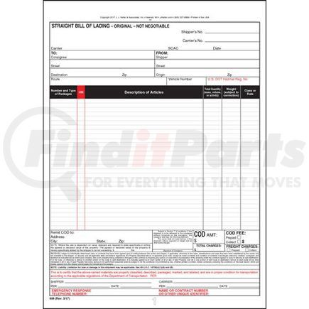 994 by JJ KELLER - Straight Bill of Lading - Universal Form - 4-ply, carbonless, snap-out, 8.5" x 11.75" (0.75" top tear-off)