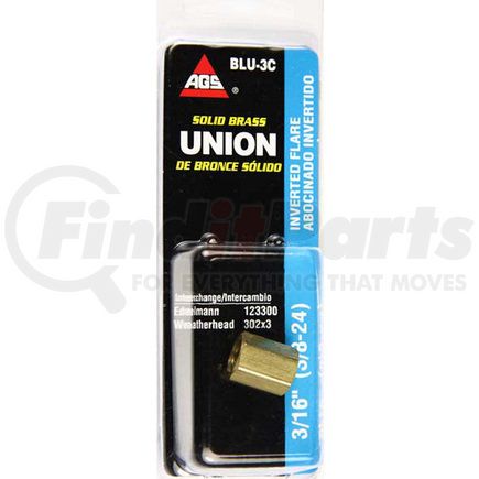 BLU-3C by AGS COMPANY - Brass Brake Line Union, 3/16 (3/8-24 Inverted), 1/card