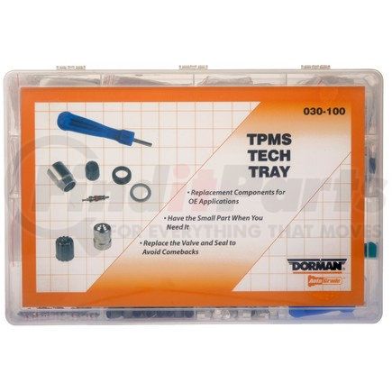 030-100 by DORMAN - TPMS Tech Tray With 5 Each Of 11 Valve Core Kits, 25 Valve Cores, Assorted Caps