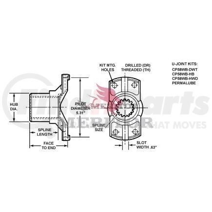 58WBYS28186A by MERITOR - Differential End Yoke - 2.50" Hub Diameter, 3.88" Face To End