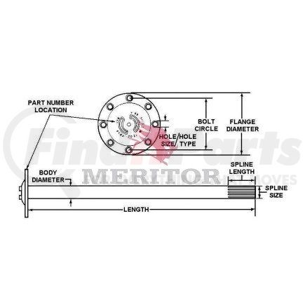 3202N9374 by MERITOR - Drive Axle Shaft - 2.25" Body Dia, 7." Bolt Circle, 8.38" Flange, 8 Taper Holes, 46 Splines