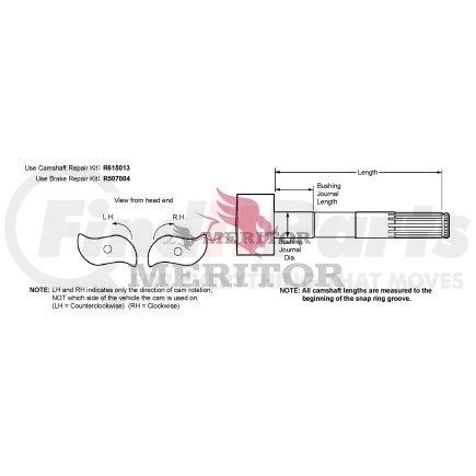 R607132 by MERITOR - Air Brake Camshaft - Right, 9.56" Length, Steer Axle, for 15.00" Brake Diameter