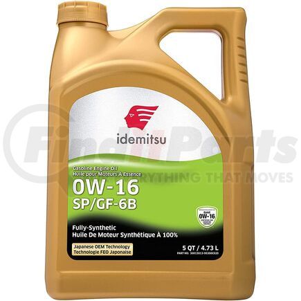 Idemitsu 30013013-95300C020 Engine Oil - Gasoline, Fully-Synthetic, SAE 0W-16, SP/GF-6B, 5 Quarts