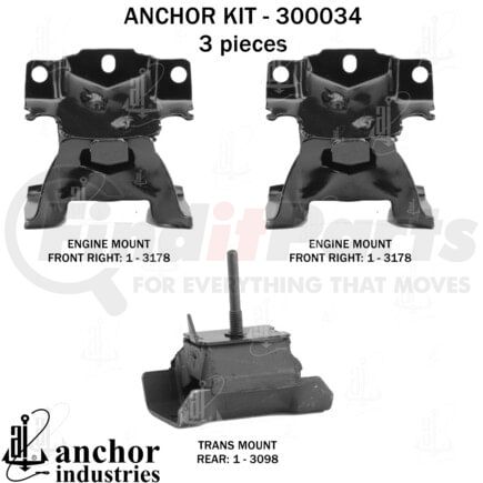 Anchor Motor Mounts 300034 Engine Mount Kit - Front and Rear, 3-Piece Set