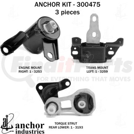 Anchor Motor Mounts 300475 Engine Mount Kit - 3-Piece Kit, for 2011-2019 Ford Fiesta