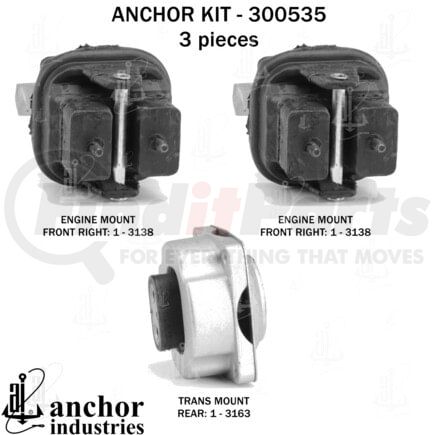 Anchor Motor Mounts 300535 Engine Mount Kit - 3-Piece Kit, for 2006-2010 Dodge Charger