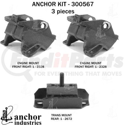 Anchor Motor Mounts 300567 Engine Mount Kit - 3-Piece Kit, Manual Transmission, for 1977 Buick Regal 5.7L