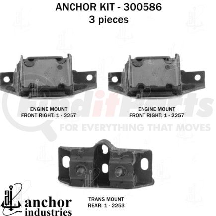Anchor Motor Mounts 300586 Engine Mount Kit - 3-Piece Kit, (2) Front R/L Engine Mount, (1) Rear Trans Mount