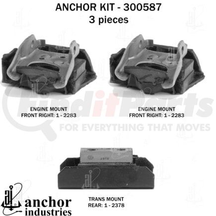 Anchor Motor Mounts 300587 Engine Mount Kit - 3-Piece Kit, (2) Front R/L Engine Mount, (1) Rear Trans Mount