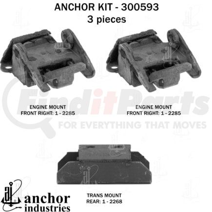 Anchor Motor Mounts 300593 Engine Mount Kit - 3-Piece Kit, (2) Front R/L Engine Mount, (1) Rear Trans Mount
