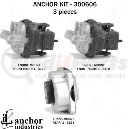 Anchor Motor Mounts 300606 Engine Mount Kit - 3-Piece Kit, (2) Front R/L Engine Mount, (1) Rear Trans Mount