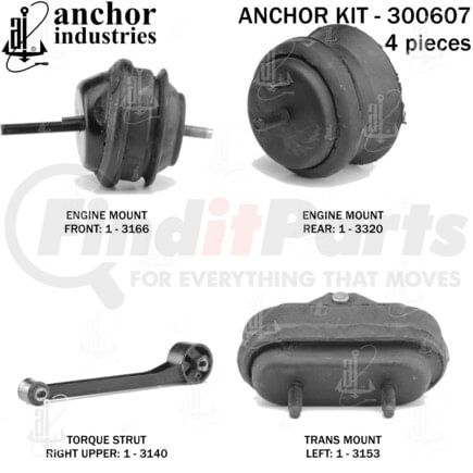 Anchor Motor Mounts 300607 Engine Mount Kit - 4-Piece Kit, (2) Engine Mount Front/Rear, (1) Torque Strut, (1) Trans Mount