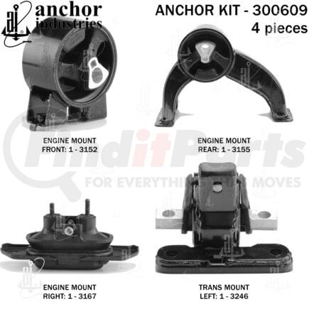 Anchor Motor Mounts 300609 Engine Mount Kit - 4-Piece Kit, (3) Engine Mount Front/Rear/Right, (1) Trans Mount Left
