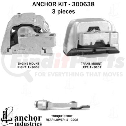 Anchor Motor Mounts 300638 Engine Mount Kit - 3-Piece Kit, (1) Engine Mount Right, (1) Torque Strut Rear Lower, (1) Trans Mount Left